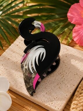 Black Flamingo-Shaped Acetate Hair Claw Clip New